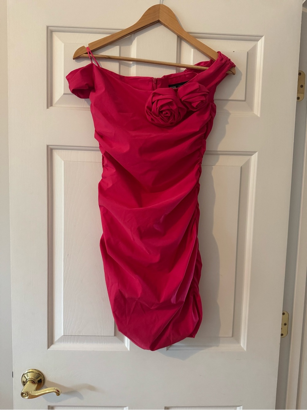Zara Hot Pink One-Shoulder Mini Dress with Rosette